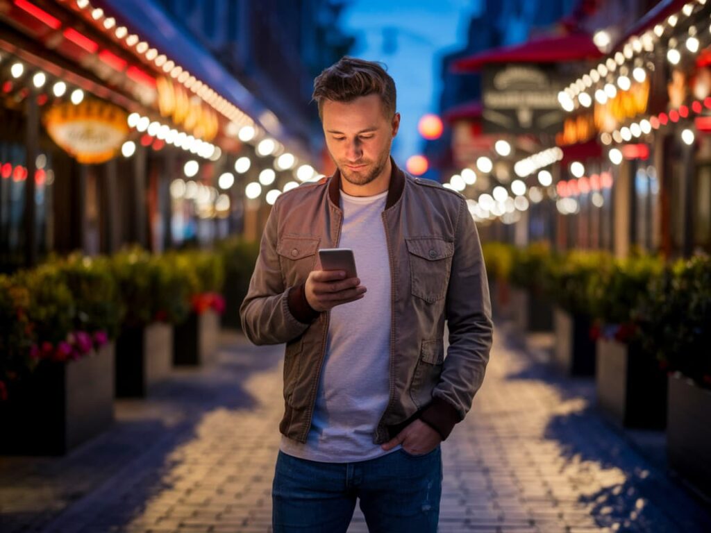 Mies katsoo puhelimesta suosituksia hyvistä ravintoloista
